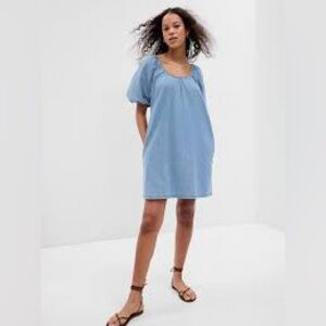 Gap Denim Cotton Mini Shift Dress Puff Sleeves Medium Minimalist Cottagecore